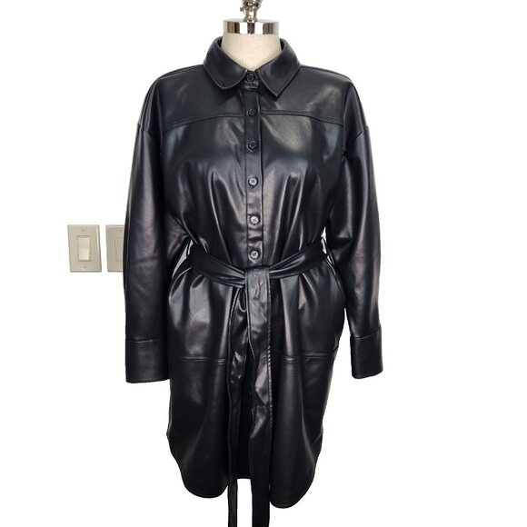 Eloquii Faux Leather Shirt Dress Plus Size 16 Short Black Button Up Belted Urban - Picture 1 of 11